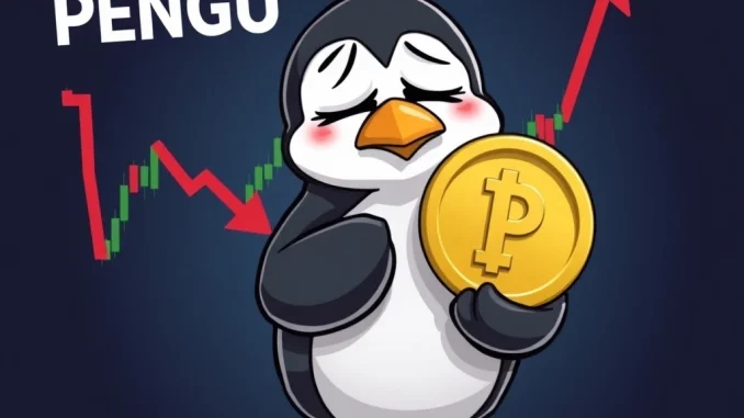 PENGU token price crash with Pudgy Penguins mascot looking distressed