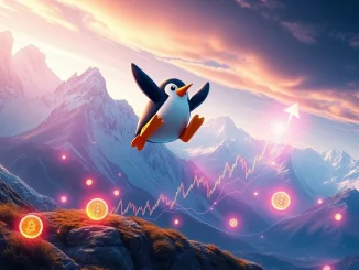A digital PENGU token character soaring over a crypto market chart, illustrating the significant PENGU token market surge and rising open interest.