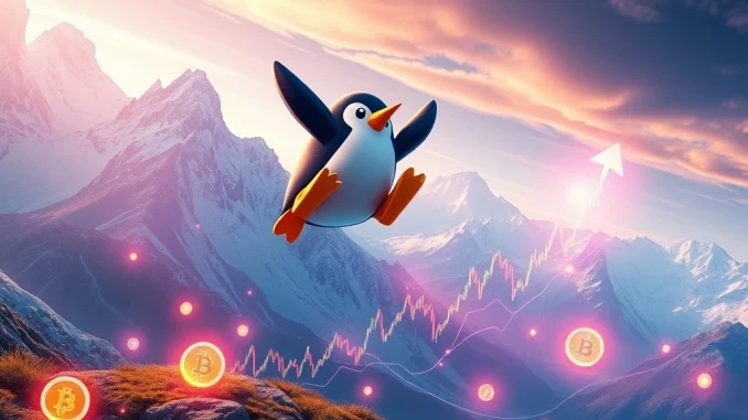 A digital PENGU token character soaring over a crypto market chart, illustrating the significant PENGU token market surge and rising open interest.
