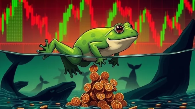 A PEPE frog character being accumulated by a large whale, symbolizing a contrarian buy opportunity in the volatile crypto market.