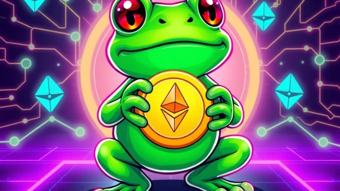 PEPETEO presale mascot frog holding a crypto coin with Ethereum blockchain background