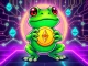 PEPETEO presale mascot frog holding a crypto coin with Ethereum blockchain background