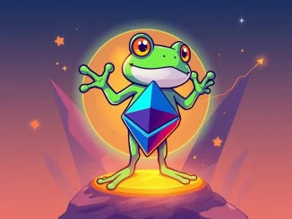 An illustration of the Pepeto meme coin frog mascot on an Ethereum logo, symbolizing its successful crypto presale and zero-fee trading platform.