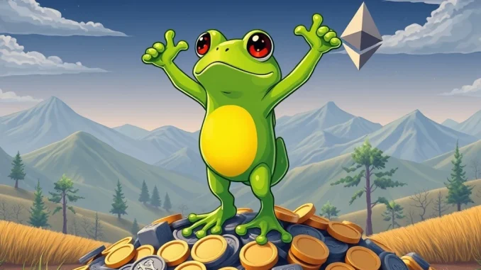 A triumphant frog character, symbolizing the Ethereum meme coin PEPETO, stands atop a stack of crypto coins, representing its successful presale.