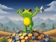A triumphant frog character, symbolizing the Ethereum meme coin PEPETO, stands atop a stack of crypto coins, representing its successful presale.