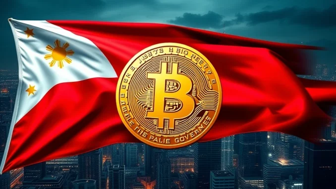 The Philippine flag overlaid with a Bitcoin symbol, illustrating the nation's commitment to its strategic Bitcoin reserve.