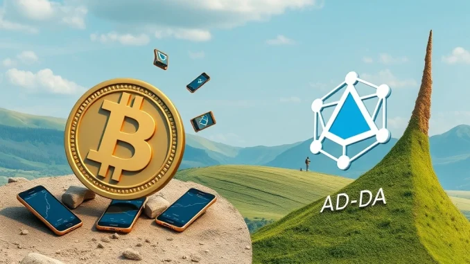 Visualizing the stark contrast in crypto investment: a declining Pi Coin symbol opposite a soaring Cardano ADA logo, reflecting market trends.