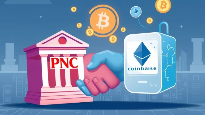 Two hands shaking, symbolizing the PNC Bank Coinbase partnership, with digital currency symbols, representing new crypto trading services.
