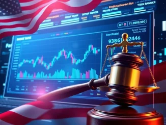 Polymarket's strategic return to the US crypto market after a DOJ investigation, symbolized by a platform re-entry and regulatory clearance.