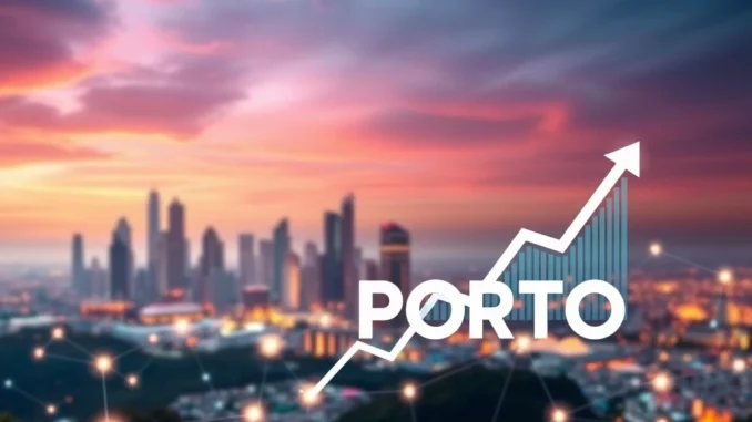 A visual representation of PORTO crypto's explosive growth, showing an upward trend graph over a blockchain network.