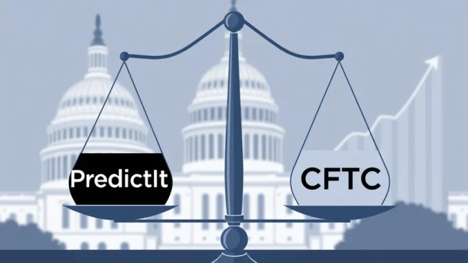 A visual representation of the landmark agreement between PredictIt and the CFTC, symbolizing the opening of political betting markets to unlimited participants.