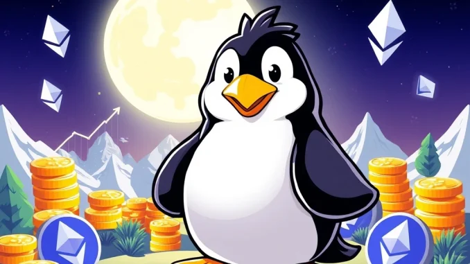 A Pudgy Penguins NFT character celebrating a massive 94780% price surge, symbolizing the explosive growth in the digital collectibles market.