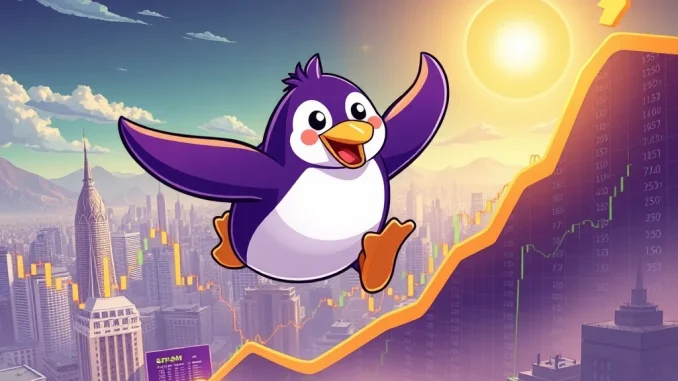 A Pudgy Penguins character triumphantly soaring above crypto charts, symbolizing the PENGU token's massive surge on Solana.