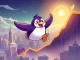 A Pudgy Penguins character triumphantly soaring above crypto charts, symbolizing the PENGU token's massive surge on Solana.