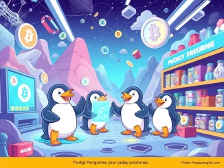 Pudgy Penguins character stands confidently, symbolizing the project's leading role in the NFT resurgence and Web3 adoption, blending digital and physical realms.