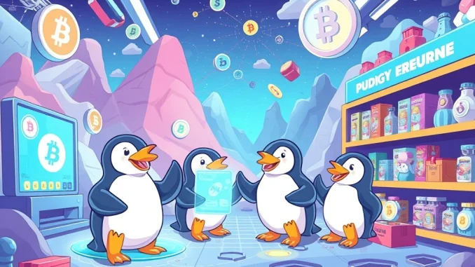 Pudgy Penguins: Unlocking the Future of NFTs and Web3 Adoption Pudgy Penguins character stands confidently, symbolizing the project's leading role in the NFT resurgence and Web3 adoption, blending digital and physical realms.