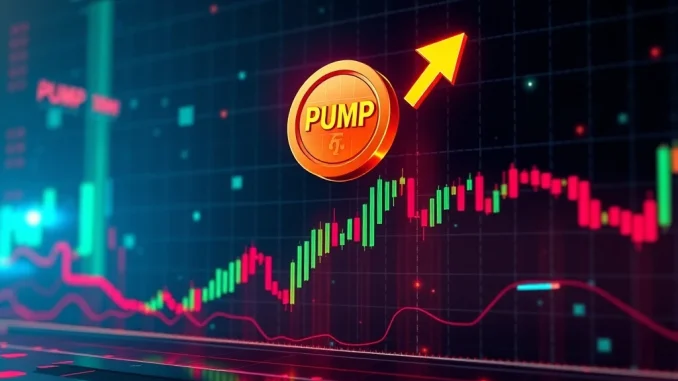 PUMP coin chart showing price action nearing a crypto breakout, with green candlesticks indicating a 9% gain.