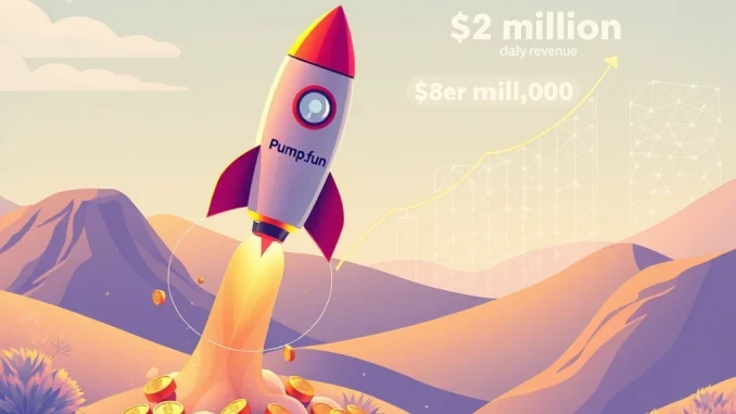 Pump.fun rocket symbolizing strategic growth and revenue exceeding $2M, avoiding a speculative crypto airdrop.