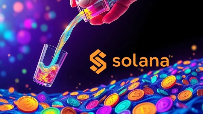 A hand pouring liquid from a glass into a pool of digital coins, symbolizing **Pump.fun**'s Glass Full Foundation boosting **memecoin liquidity**.