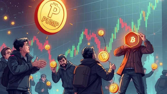 PUMP Token Holders Defy Gravity: Why Early Investors Are Doubling Down Amidst a 40% Crash PUMP Token price chart plummeting with determined crypto investors holding or buying, illustrating memecoin volatility and rebound hopes.