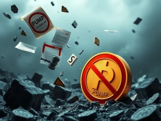 A PUMP Token plunges amidst legal documents and a 'no airdrop' sign, symbolizing the turbulent crisis impacting Pump.fun and the Solana ecosystem.