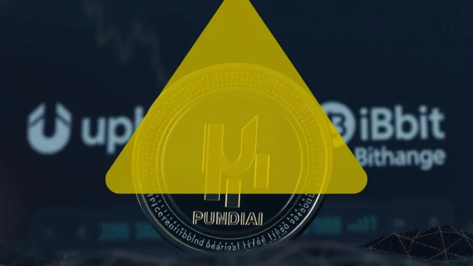 Visualizing PUNDIAI cautionary asset status with warning signs and Upbit/Bithumb logos, highlighting market alert.