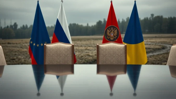 Depiction of a diplomatic table awaiting a Putin Zelensky meeting, symbolizing ongoing global diplomatic efforts for peace.