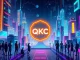 QKC cryptocurrency logo glowing amid blockchain growth and community collaboration