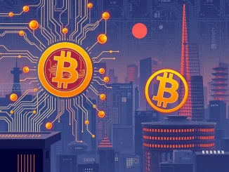 A visual representation of a Japanese AI firm making a significant Bitcoin investment, highlighting the fusion of technology and finance.