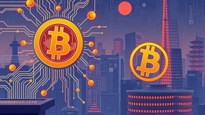 A visual representation of a Japanese AI firm making a significant Bitcoin investment, highlighting the fusion of technology and finance.