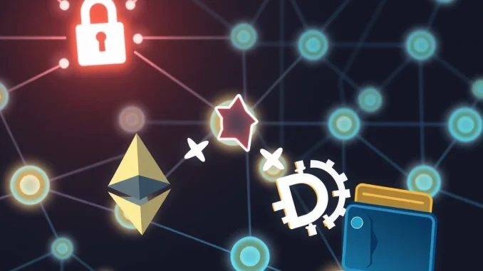 A visual representation of the Radiant Capital hack, showing digital currency symbols exchanging hands and a secure network compromised by a crypto exploiter.