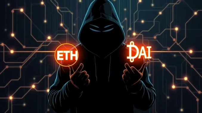 A shadowy figure symbolizing the Radiant Capital hacker, illustrating the liquidation of stolen ETH after a major crypto exploit.