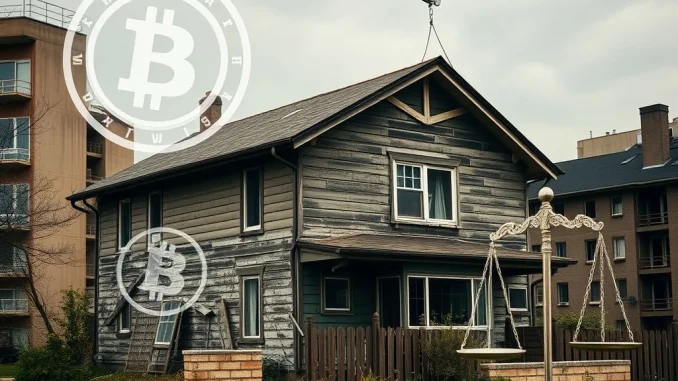 Urgent Warning: RealT Lawsuits Expose Alarming $2.72M Crypto Fraud in Tokenized Detroit Homes A digital overlay of tokens on a dilapidated house, symbolizing the RealT lawsuits and the risks of crypto fraud in tokenized real estate.