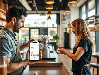 Customer uses a smartphone for Reborn Coffee crypto payments in a modern cafe, showcasing retail adoption.