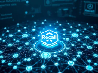 A visual representation of the Recall AI agent platform acting as a central search engine for a network of intelligent agents, highlighting its role in the internet of agents.