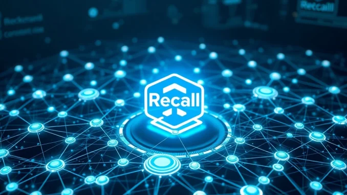 A visual representation of the Recall AI agent platform acting as a central search engine for a network of intelligent agents, highlighting its role in the internet of agents.
