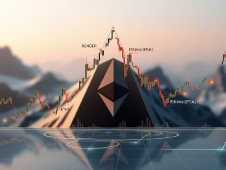 A crypto chart illustrating the Render price following a bullish fractal pattern, similar to Ethena's past breakout, signaling potential growth.