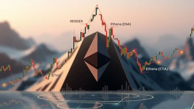 Render Price Unleashed: Bullish Fractal Signals Explosive Growth Mirroring Ethena's 66% Breakout A crypto chart illustrating the Render price following a bullish fractal pattern, similar to Ethena's past breakout, signaling potential growth.