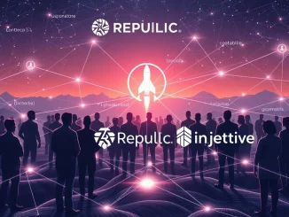 An illustration of the Republic Injective integration connecting individual investors to private companies, symbolizing expanded private market access.