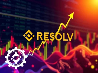 A green arrow dramatically points upwards on a chart, symbolizing the RESOLV price surge after Binance activated its fee switch mechanism.
