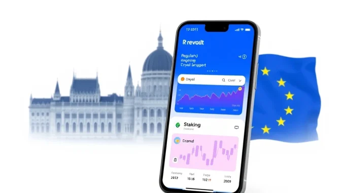 Revolut Crypto Staking on a smartphone screen against a backdrop of European regulation, illustrating the company's return to Hungary.