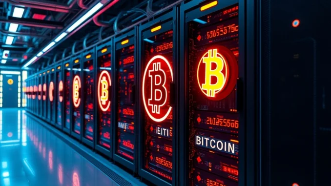Riot Platforms Bitcoin mining facility with glowing servers and digital currency symbols
