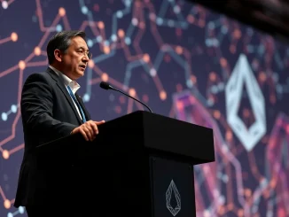 A speaker at a tech conference symbolizing the **Ripple CTO**'s challenge in balancing personal anecdotes with serious blockchain discussions.