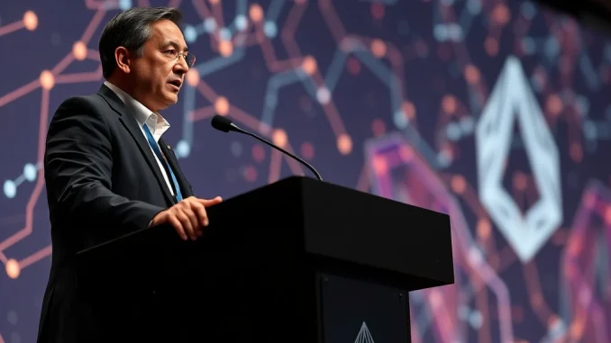 A speaker at a tech conference symbolizing the **Ripple CTO**'s challenge in balancing personal anecdotes with serious blockchain discussions.