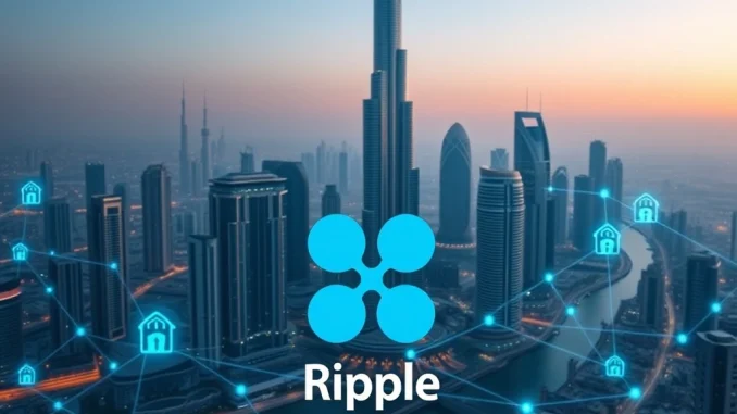 A secure digital representation of property deeds against a backdrop of Dubai's skyline, illustrating Ripple's role in Dubai real estate tokenization.