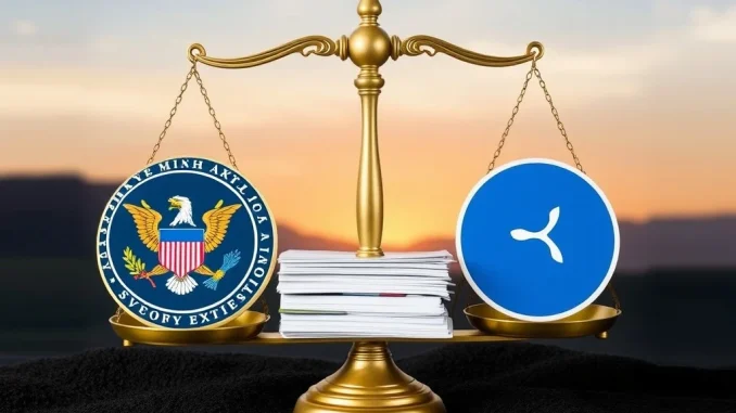 An illustration symbolizing the pivotal Ripple SEC lawsuit resolution, featuring legal documents and the Ripple and SEC logos.