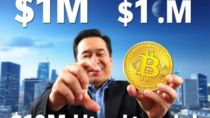 Robert Kiyosaki holding Bitcoin with a futuristic skyline, symbolizing his $1M Bitcoin price prediction.