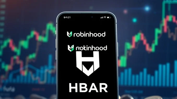 Robinhood app screen displaying Hedera HBAR trading options, symbolizing expanded crypto offerings and digital asset diversification.