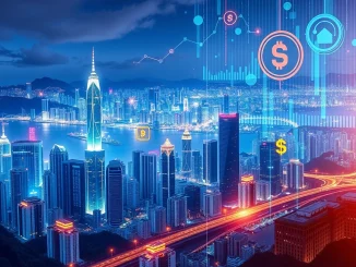 Ruihe Data's strategic HK$80 million investment bridging traditional finance with the Web3 future, symbolized by digital and physical assets.
