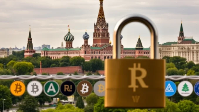 An illustration symbolizing Russia's new crypto regulations, with digital currency symbols under a restrictive lock, highlighting the shift towards the Digital Ruble.